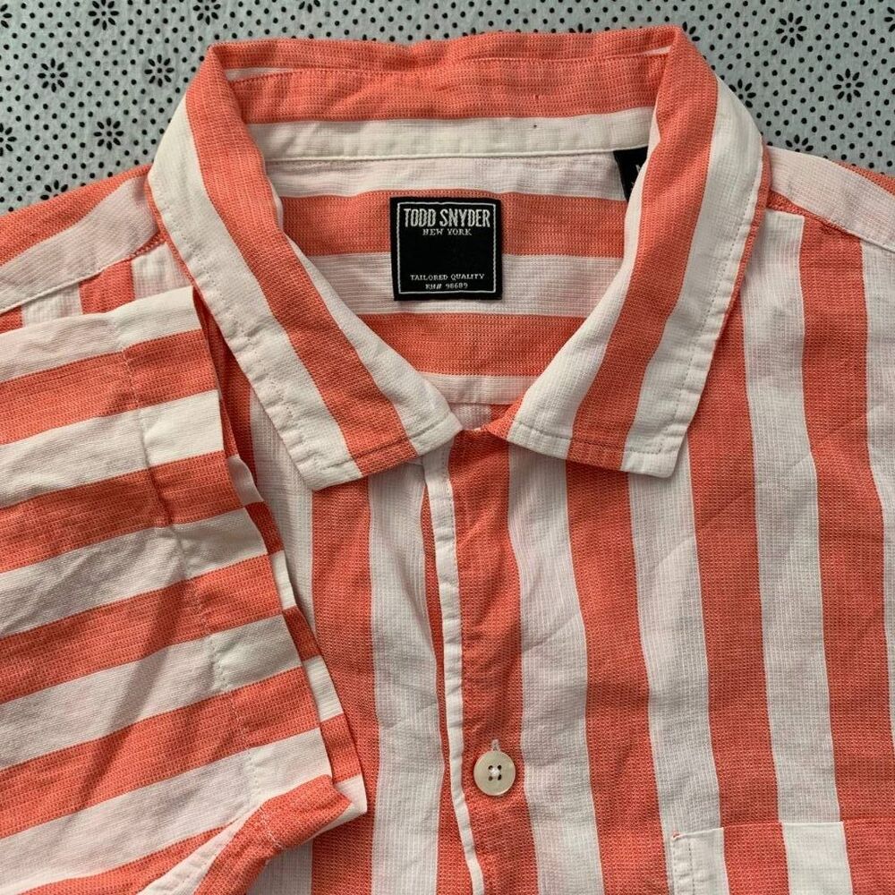 Todd Snyder New York Mens M Coral White Stripe Short Sleeve Button Shirt